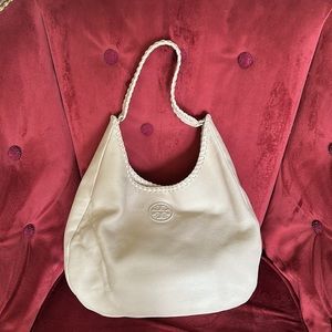 Tory Burch Hobo Handbag Pebbled Leather Beige Tan Natural Shoulder Purse